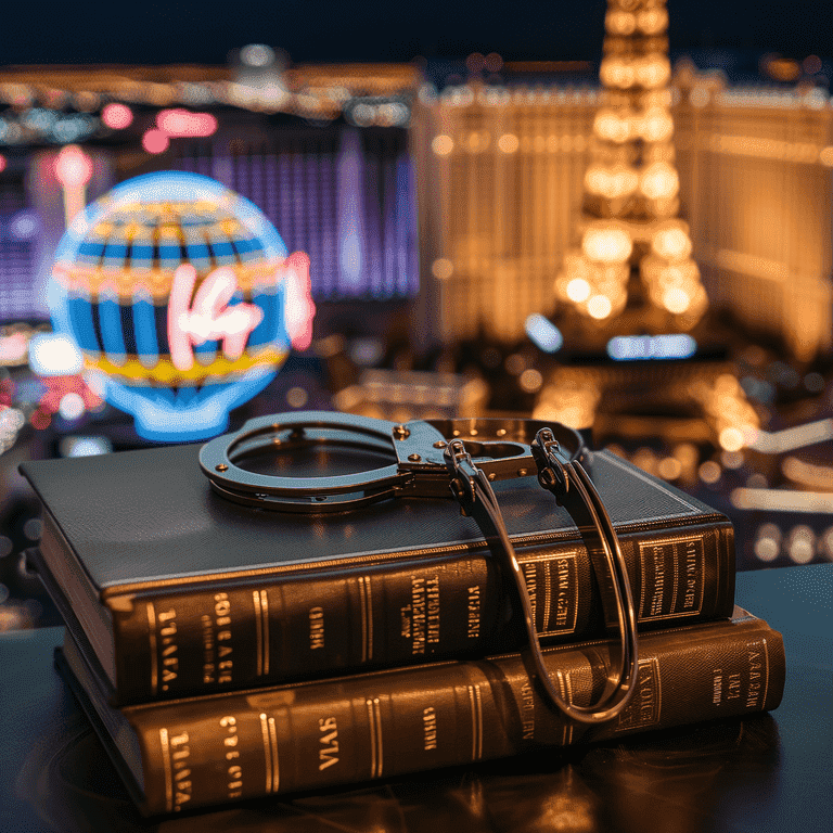 Criminal Defense in Nevada - types criminal charges las vegas Handcuffs on law books with scales of justice and blurred Las Vegas backdrop
