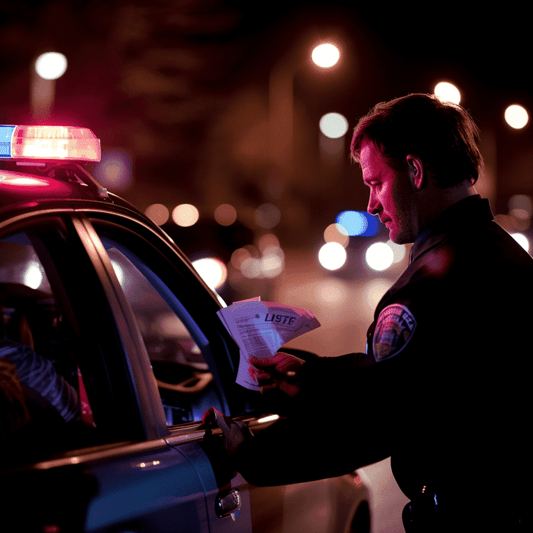 Driver handing documents to police officer during traffic stop