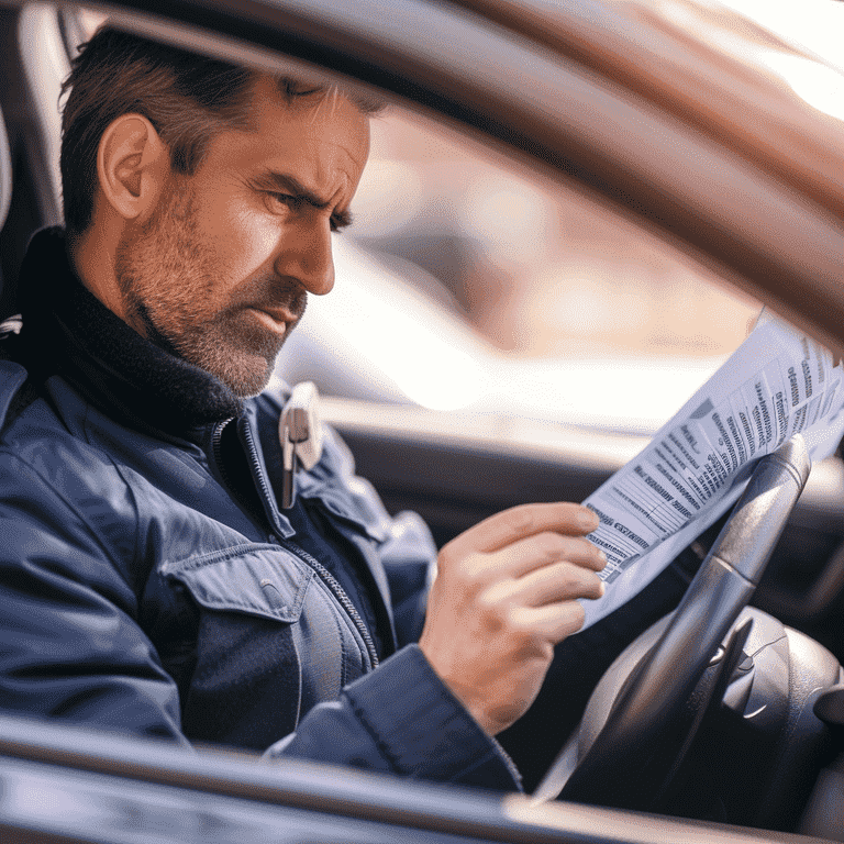 Driver reviewing a traffic citation or warning inside their car