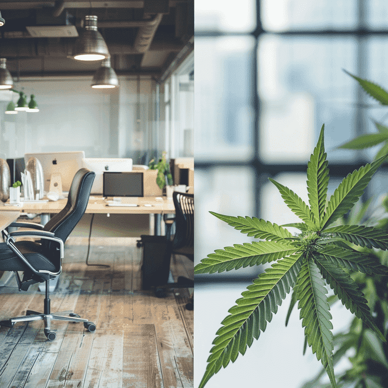 Professional workplace and cannabis leaf representing employment and marijuana issues