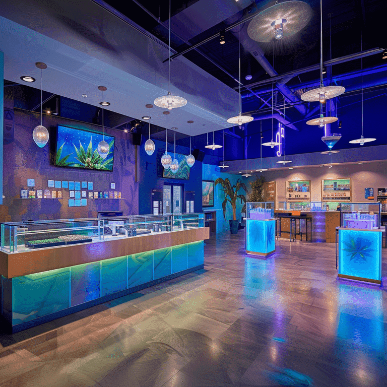Interior view of a licensed marijuana dispensary with product displays