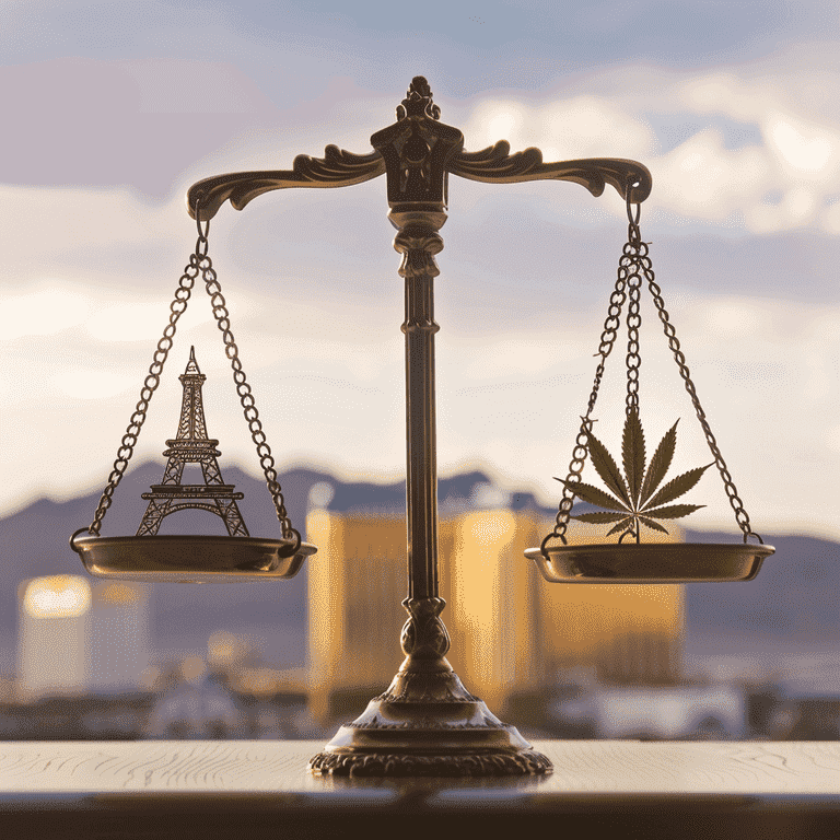 Balance scale with marijuana symbols and Las Vegas legal symbols