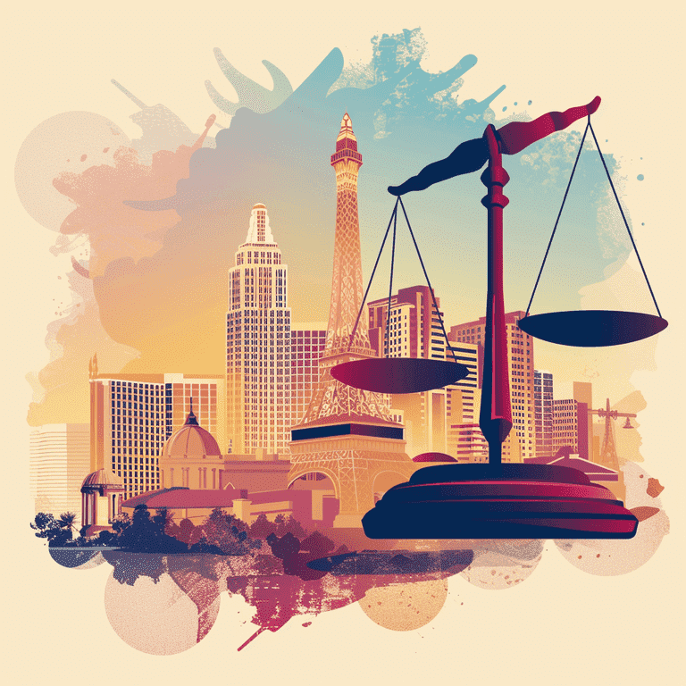 Illustration of Las Vegas Skyline with Legal Scales and Gavel Overlay