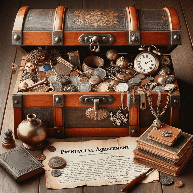 Antique chest filled with vintage items and prenuptial agreement document in foreground.