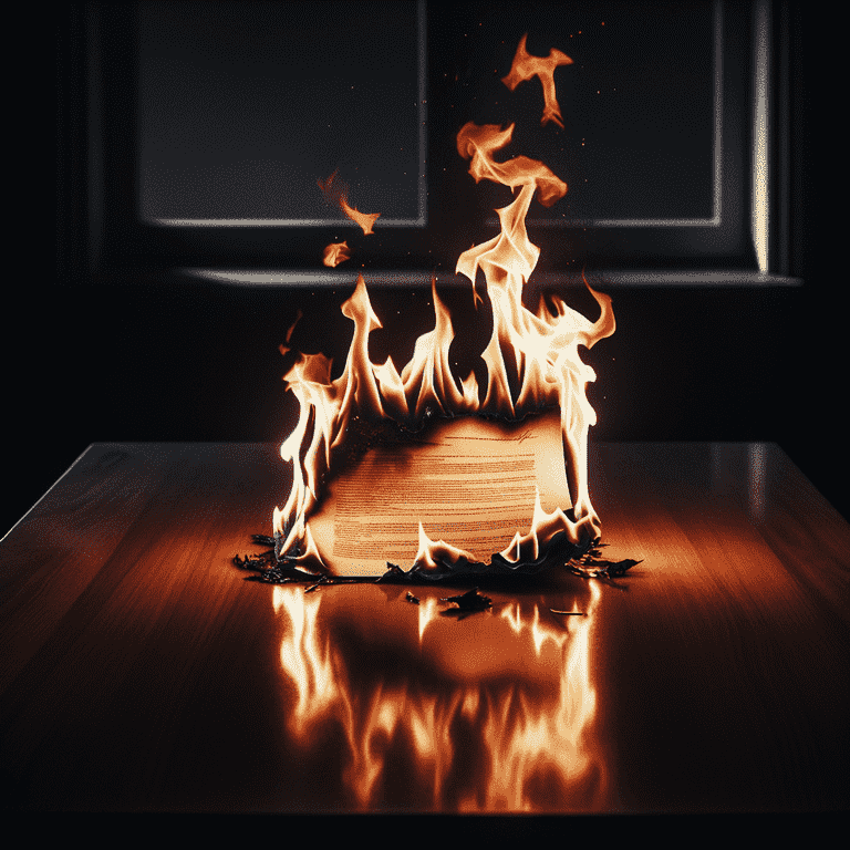 Burning book on reflective surface, flames rising dramatically against dark background.