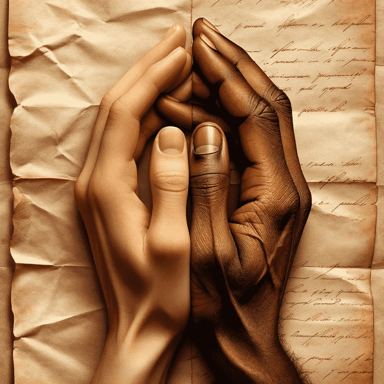 Two clasped hands, one white and one black, over crumpled handwritten paper.