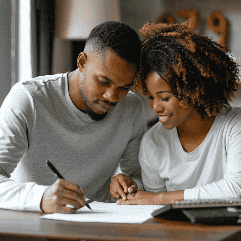 Young couple signing paperwork together, discussing financial or legal matters.