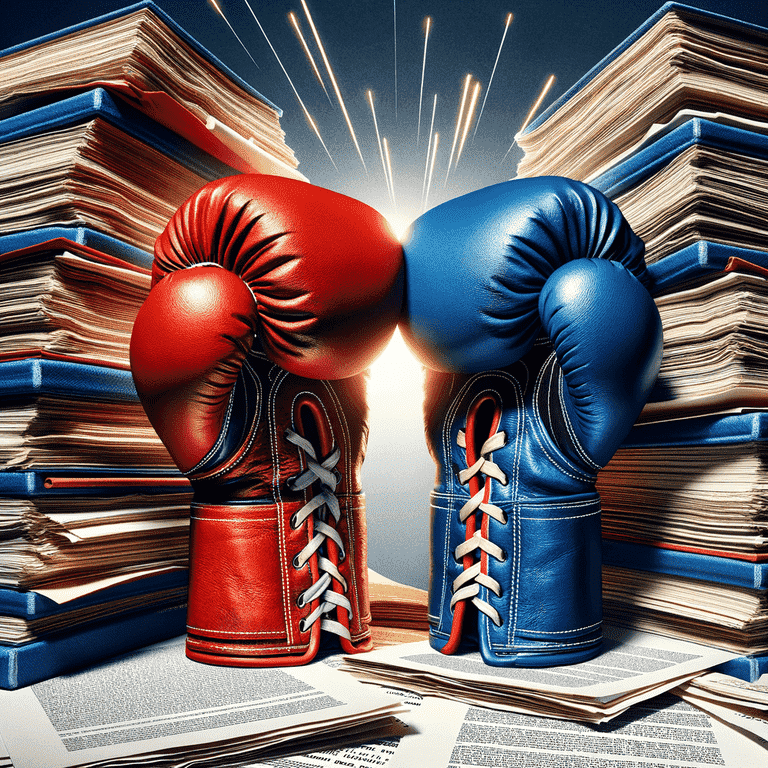 Red and blue boxing gloves face off against a backdrop of stacked books.