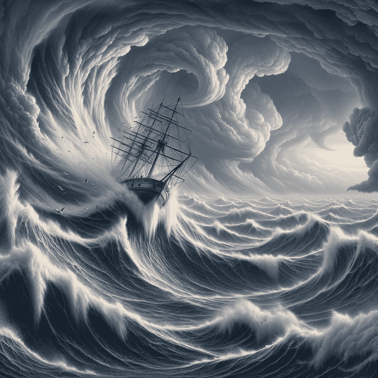 A ship battles a powerful, swirling storm in a dramatic, monochromatic illustration.
