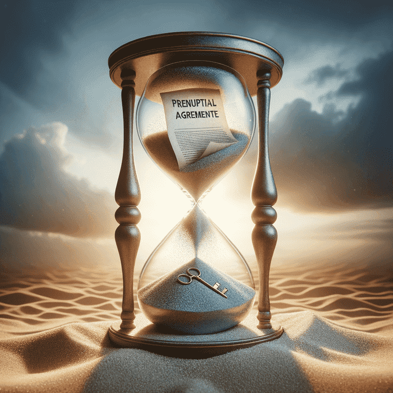 Hourglass in desert with "Prenuptial Agreement" inside