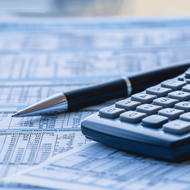 Calculator, pen, and tax form highlighting alimony sections, emphasizing tax considerations in Nevada alimony cases.