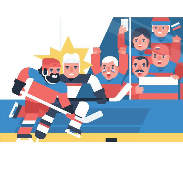 A cartoon image of a hockey game with players and a crowd.