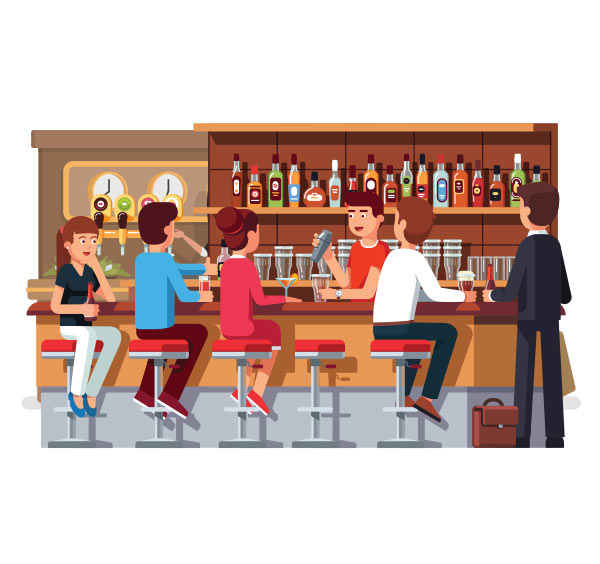 A cartoon of a group of diverse people smiling and drinking at a bar filled with bottles and glasses.