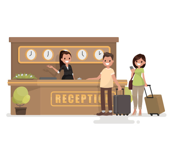 A cartoon of a man and a woman stand in a hotel lobby with luggage, checking in at the front desk.