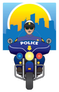 A cartoon of a police officer riding a motorcycle in front of a city skyline. The officer wears a helmet and sunglasses.