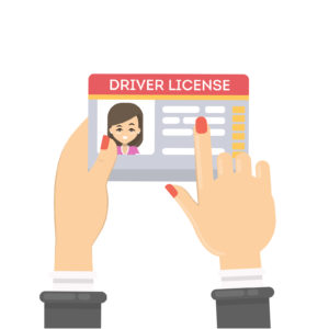 A cartoon of A close up of a driver's license held in a hand. The license has a woman's photo.
