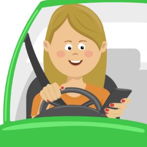 A cartoon of A woman sitting in a parked car holding a cell phone in one hand and a steering wheel in the other.