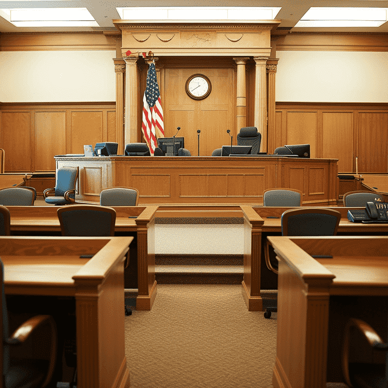 Courtroom scene highlighting judge's bench and witness stand, representing guardianship hearings and court procedures.