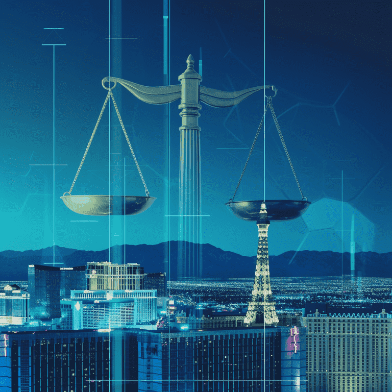 Las Vegas skyline merged with the scales of justice, depicting special considerations in local guardianship cases.