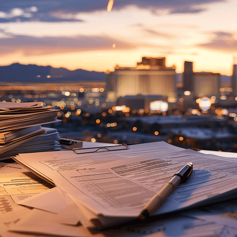 Legal guardianship forms on a desk with Las Vegas skyline in the background.
