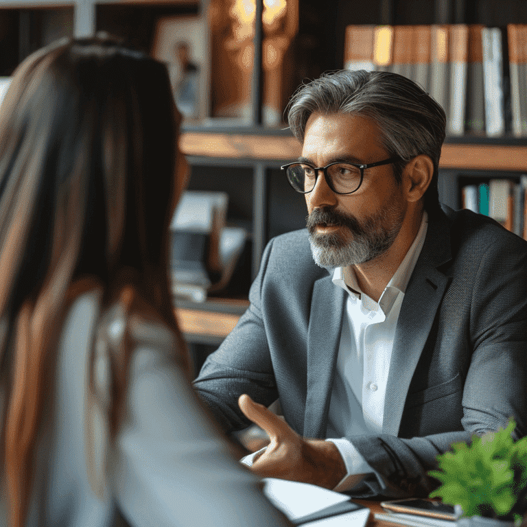 Attorney offering guidance to a client in a law office, representing professional legal help.