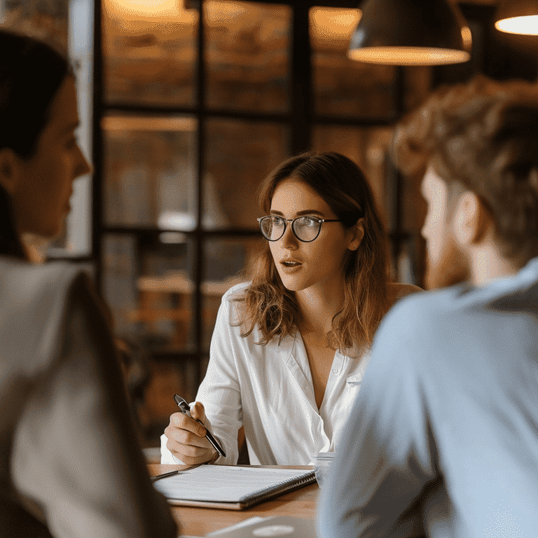 Mediator facilitating a calm discussion between two parties in a custody dispute.