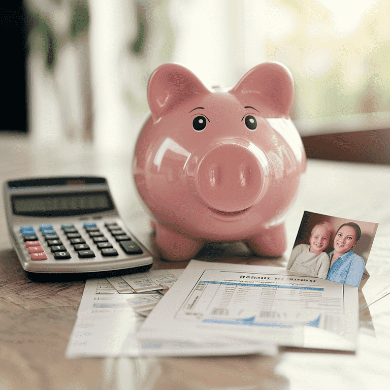 Piggy bank with family photo and legal documents, representing financial considerations in custody battles.