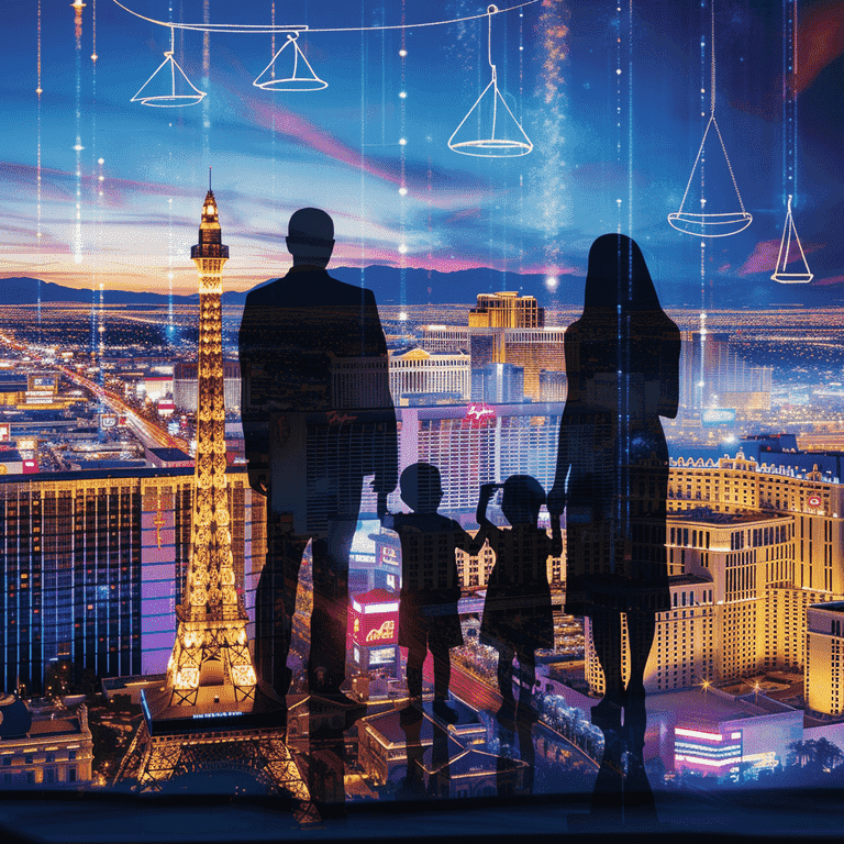 Las Vegas skyline with family silhouette and legal symbols representing the custody battle process.