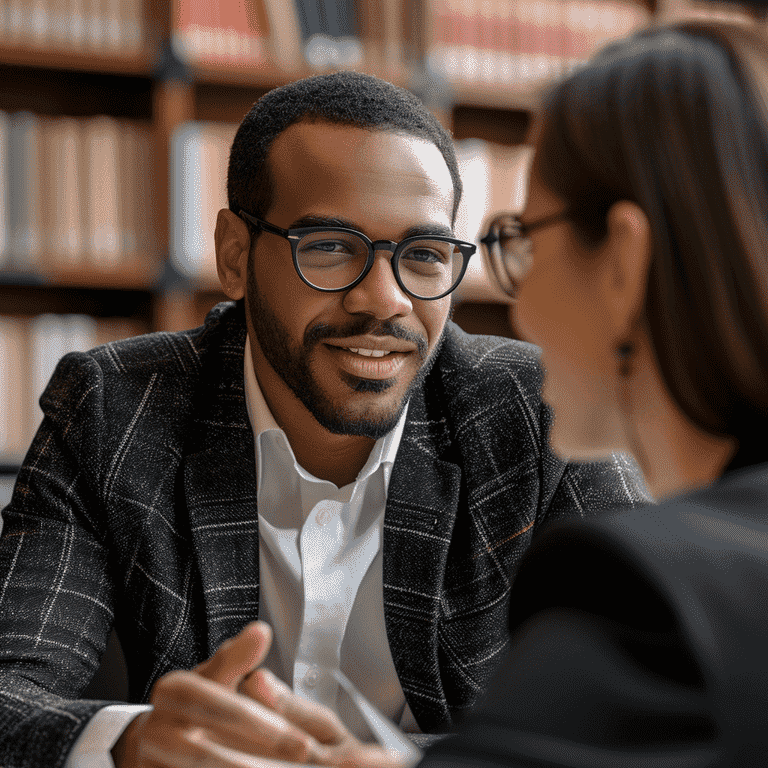 Lawyer providing consultation and support to a client in a law office.