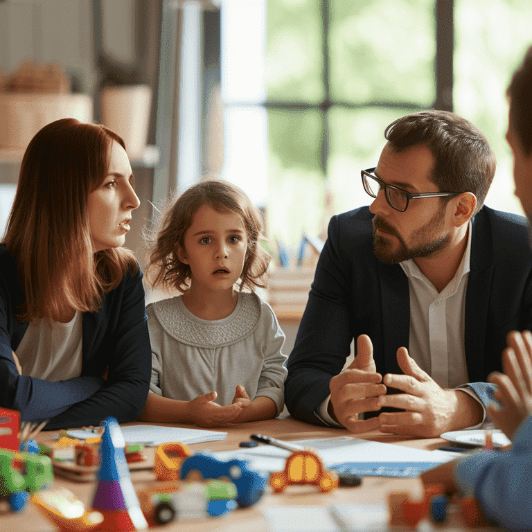 Divorced parents meeting with lawyers to discuss child custody.