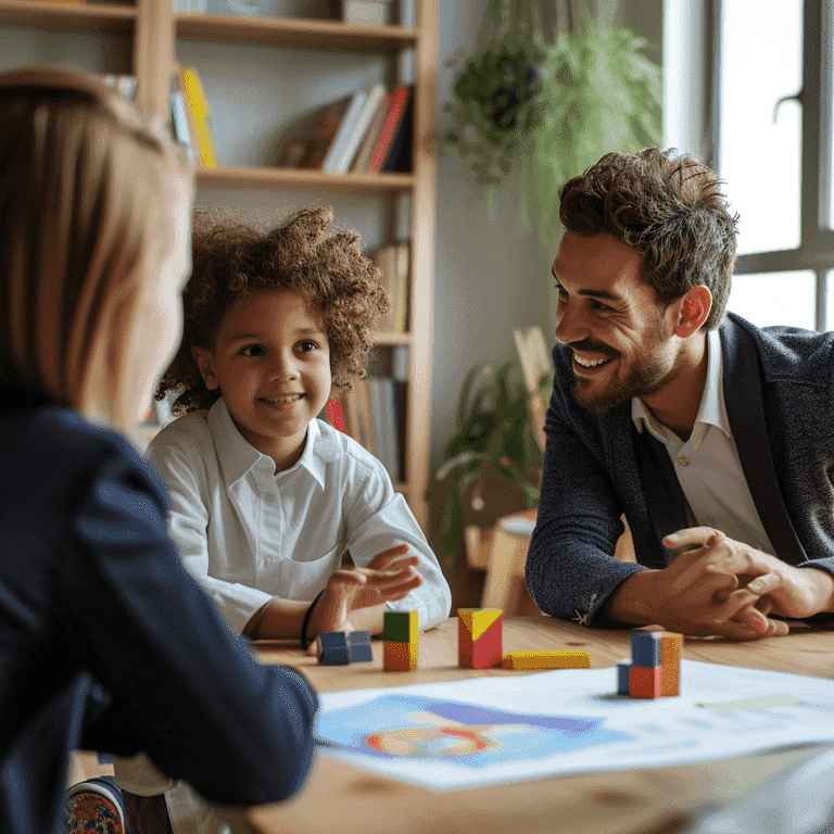 Two parents engaging in effective communication with a mediator as a child plays contentedly, symbolizing peace in child custody discussions.