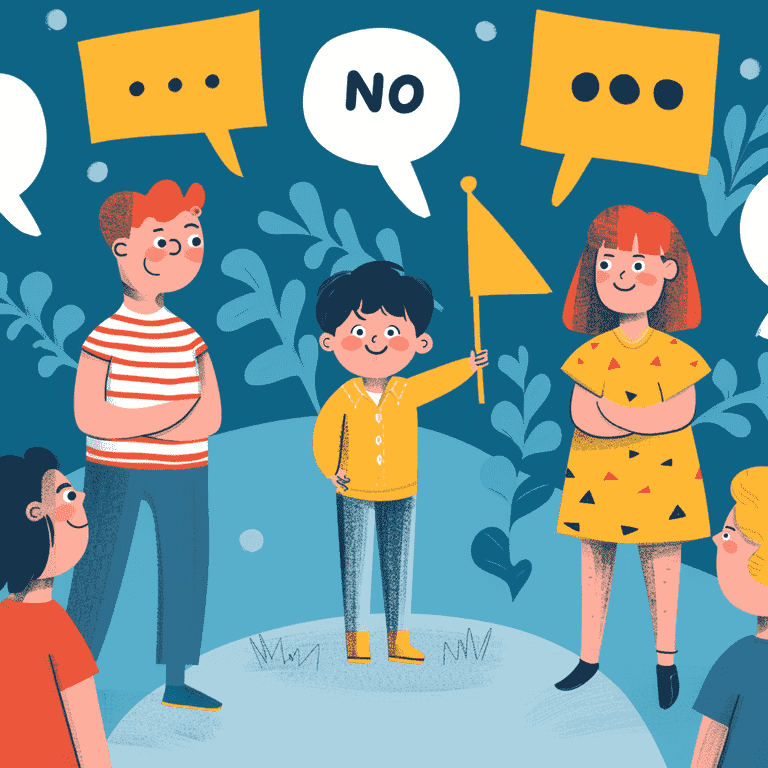 Child holding a symbol of their voice while surrounded by adults with prohibited speech bubbles about the child's preferences.