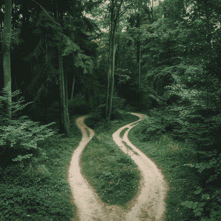 Two diverging paths in a forest representing a change in direction." Image File Name: "decision-crossroads