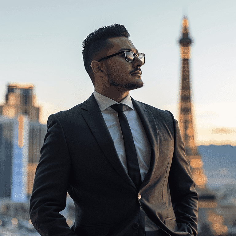 Confident lawyer in front of the Las Vegas skyline.