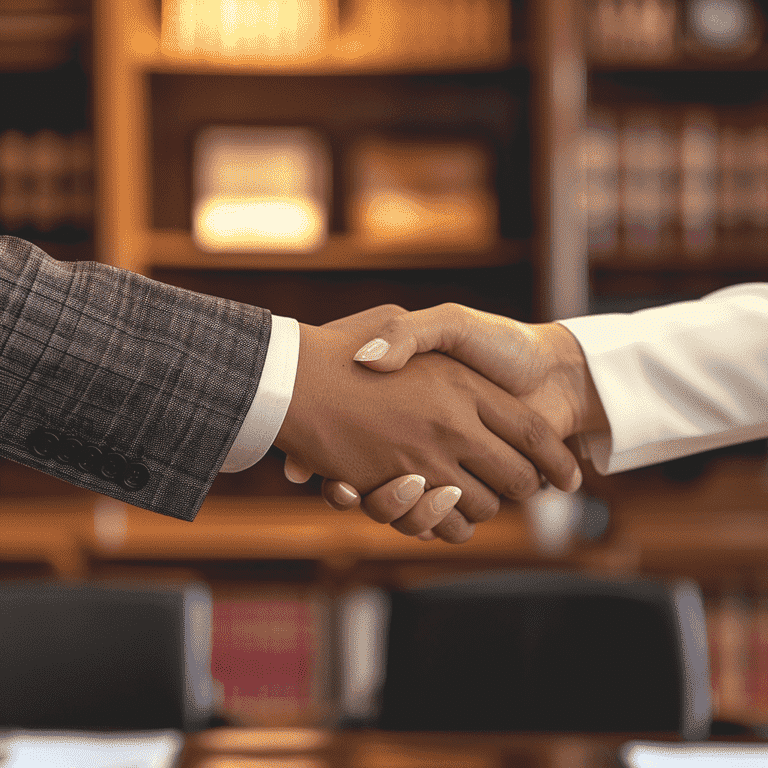 Handshake between a client and a lawyer, symbolizing a new partnership.