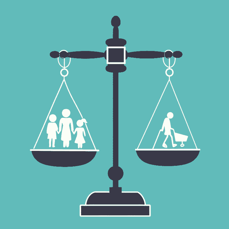 Scale balancing family and justice icons symbolizing family court cases.