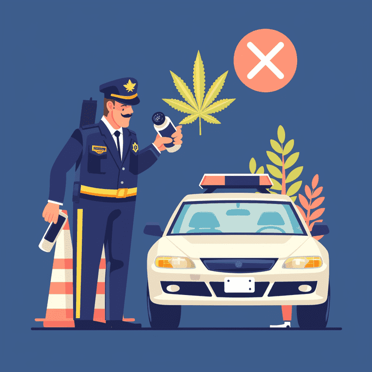 Illustration of a police officer conducting a sobriety test on a driver with symbols for various marijuana impairment tests.