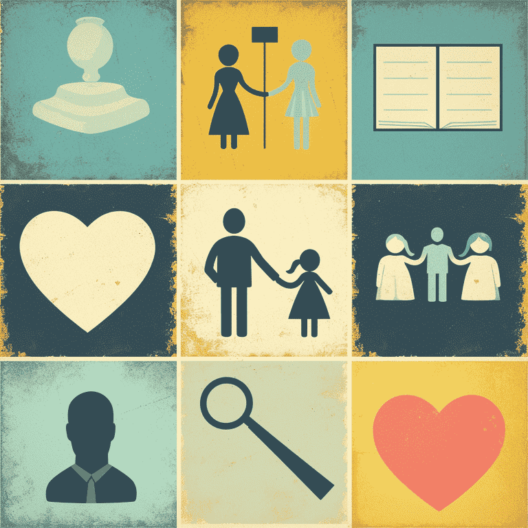 Collage of support icons representing legal aid, emotional support, and family guidance.