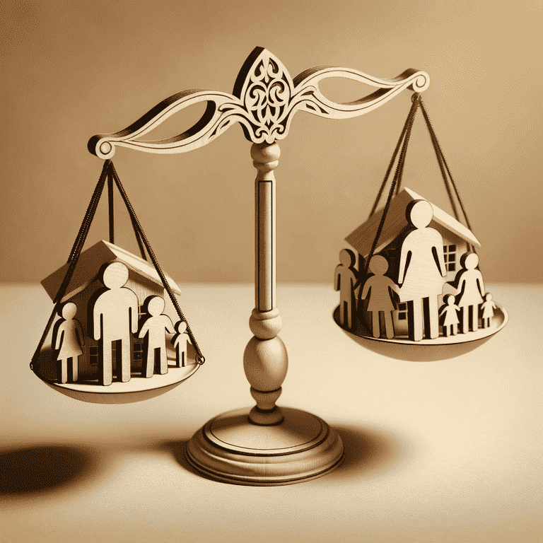 Decorative scales of justice with cutout family figures, symbolizing family law or legal issues.
