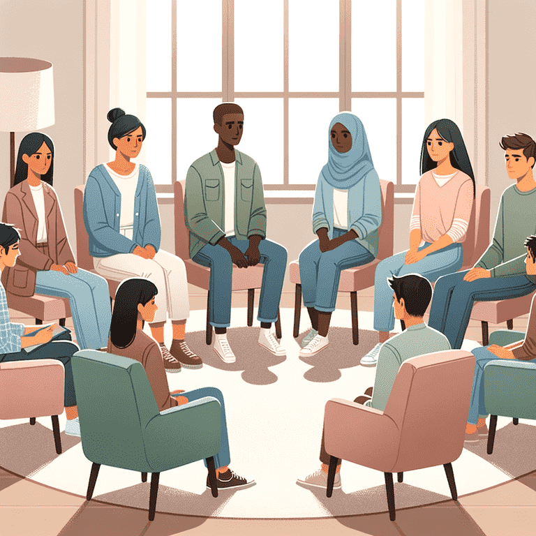 Diverse group in a circle discussion or therapy, flat illustration style.