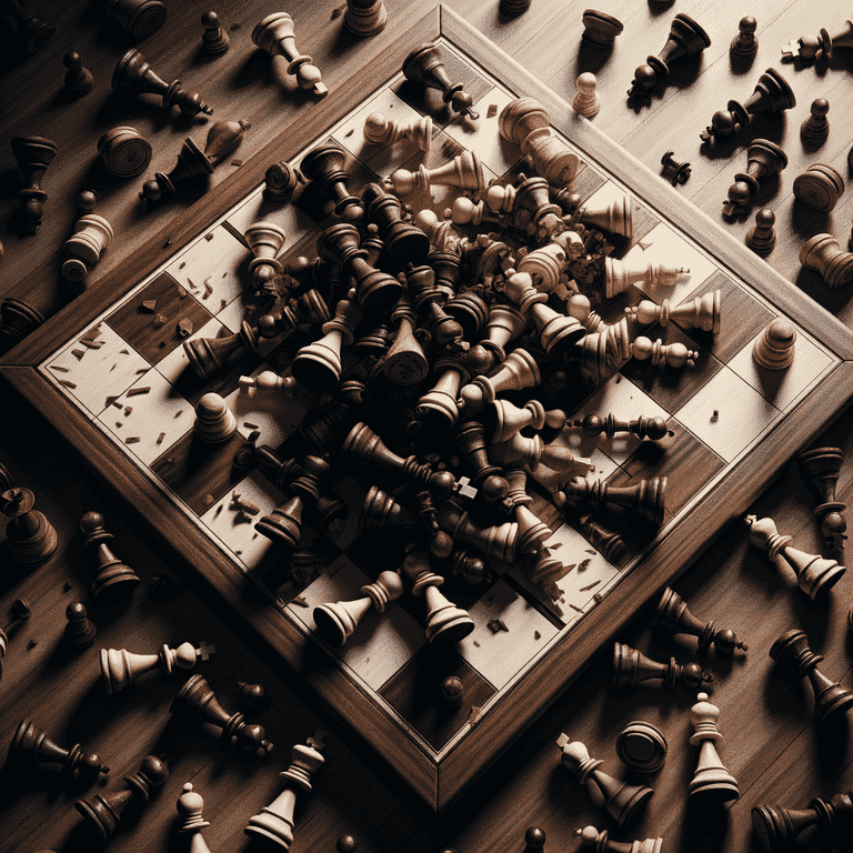 Overhead view of a wooden chess board with scattered chess pieces in disarray.