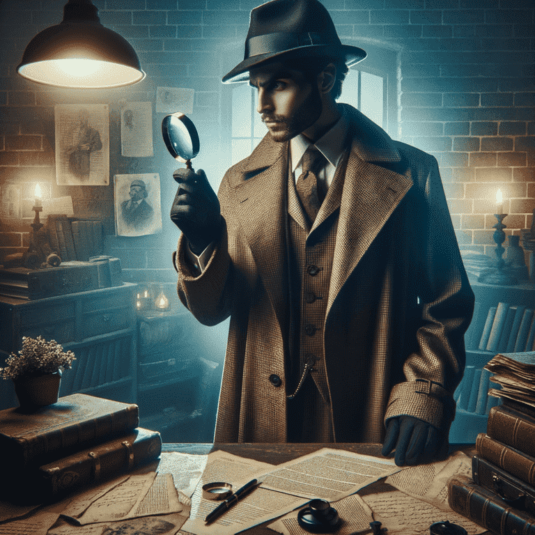 A vintage-style detective holding a magnifying glass, examining documents in a dimly lit office