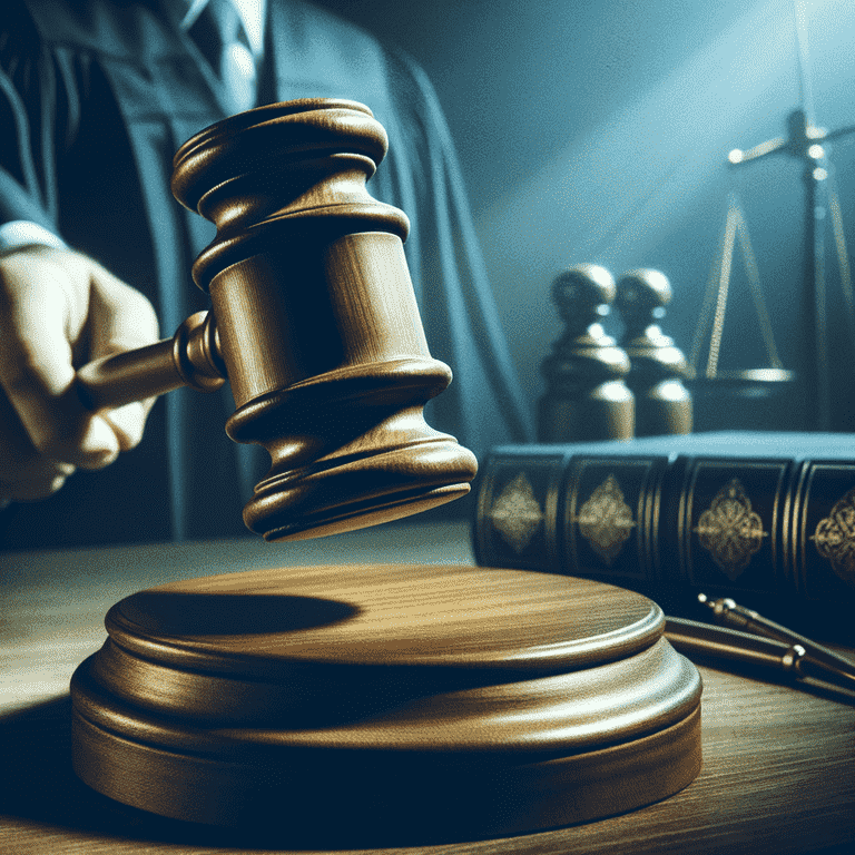 Wooden gavel on sound block, blurred suited person in background