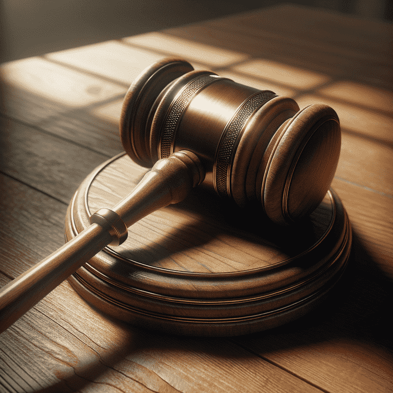 A close-up view of a wooden judge's gavel resting on a textured wooden surface.