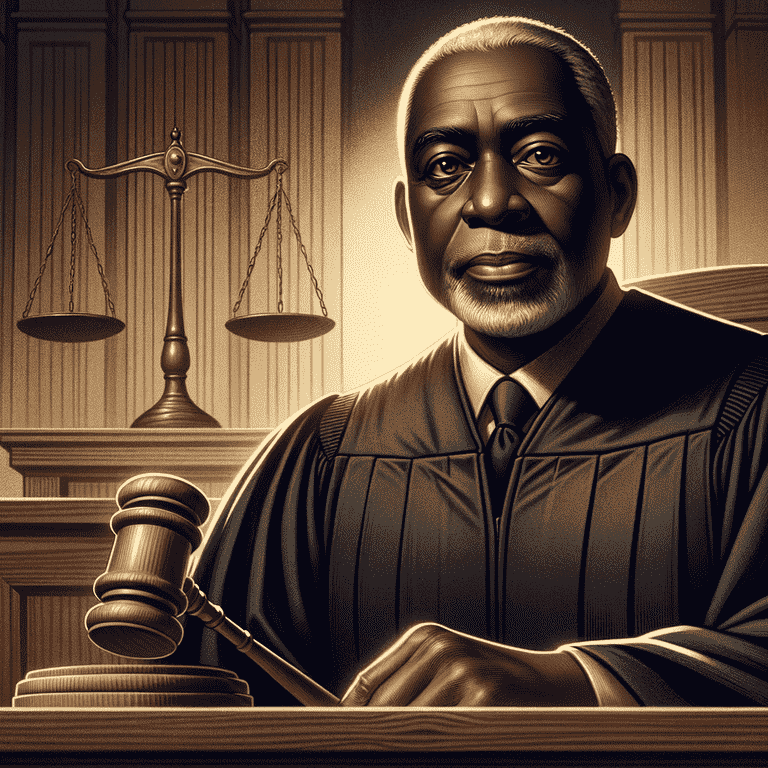 Stern Black judge in robes at bench with gavel, scales of justice in foreground.