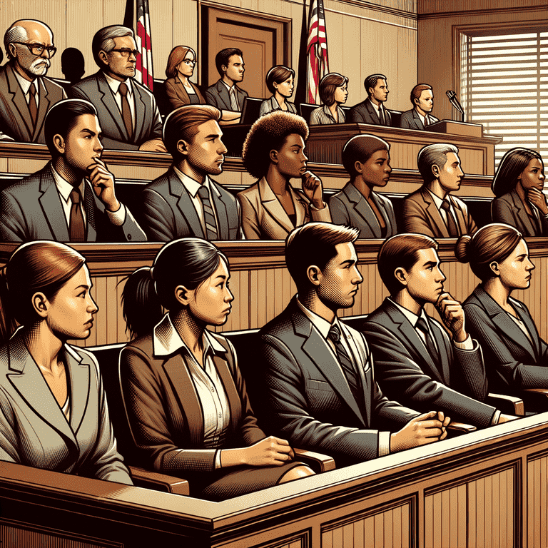 Illustration of a diverse group of serious lawyers or jurors seated in a courtroom.