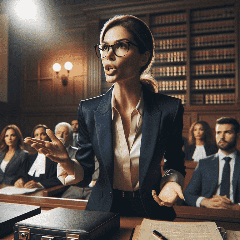 Woman in suit jacket assertively gestures while addressing unseen audience in a courtroom.