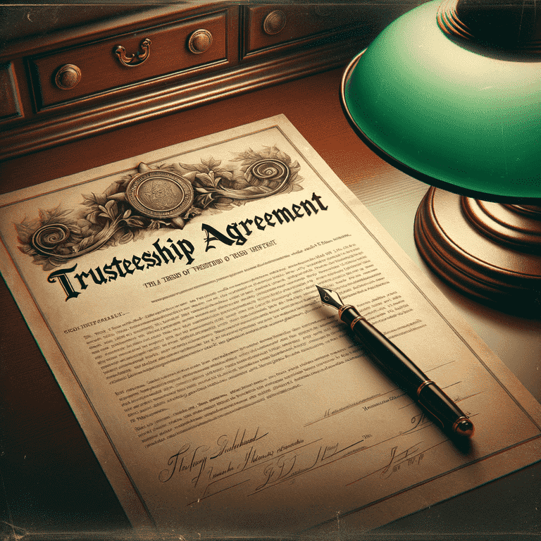 A trusteeship agreement document titled "Trusteeship Agreement" sits on a wooden desk beside an old-fashioned green desk lamp and a fountain pen, ready to be signed.