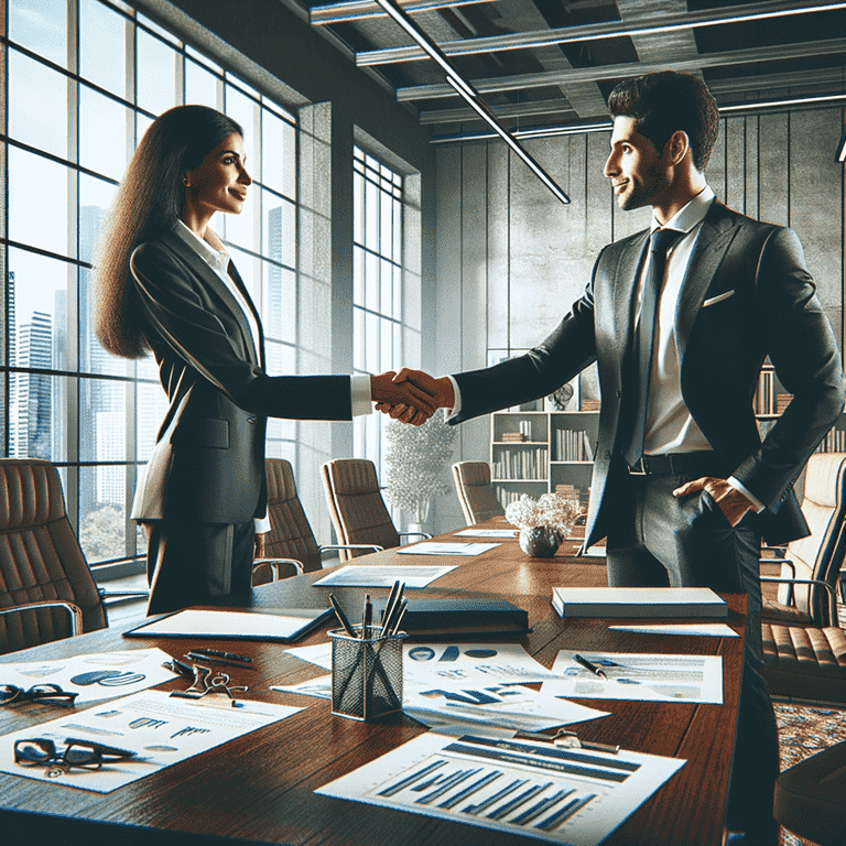 Two business professionals shake hands over a conference table covered in documents.