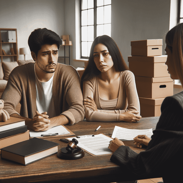 Troubled couple with lawyer, moving boxes around, reviewing divorce papers on table.